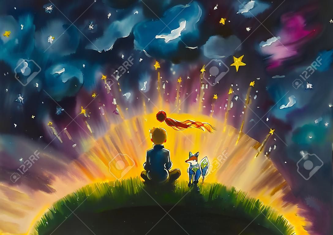 原始的油画小王子和狐狸和英国兰开斯特家族族徽坐草在满天星斗的天空下。色彩丰富的插画。