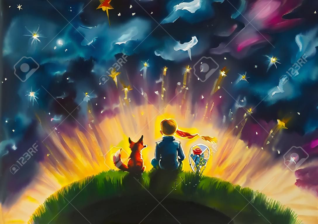 Pintura al óleo original Principito y zorro y rosa roja sentados en la hierba bajo el cielo estrellado. Ilustración colorida.