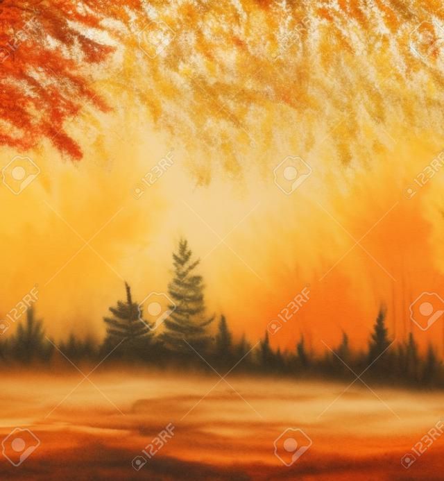 Autumn trees in wood gold orange forest in watercolor oil acrylic painting.