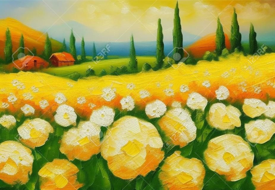 Peinture à l'huile originale de fleurs, belles fleurs des champs en Toscane, Italie sur toile. Impressionnisme moderne. Oeuvre d'empâtement