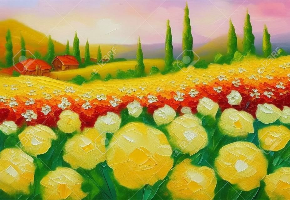 Peinture à l'huile originale de fleurs, belles fleurs des champs en Toscane, Italie sur toile. Impressionnisme moderne. Oeuvre d'empâtement