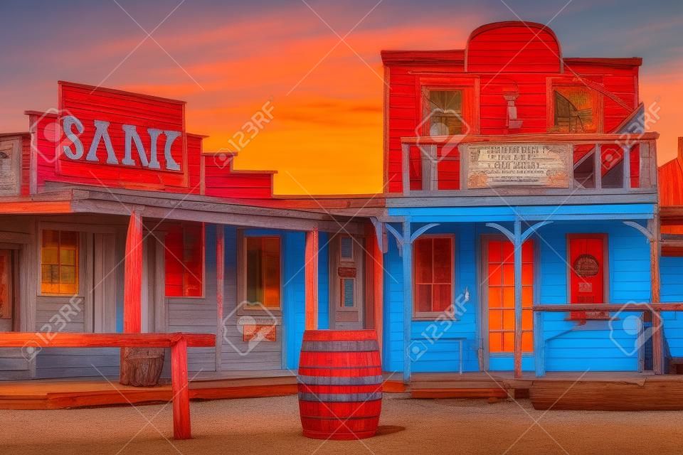 colorful view of old western pioneer town at sunset
