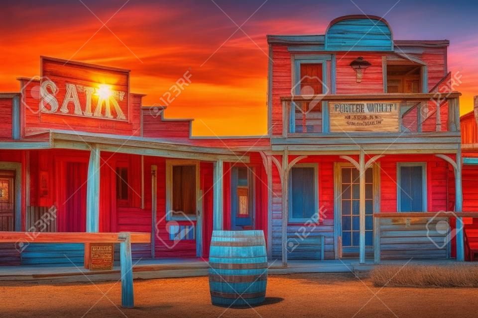 vista colorata della vecchia città dei pionieri occidentali al tramonto