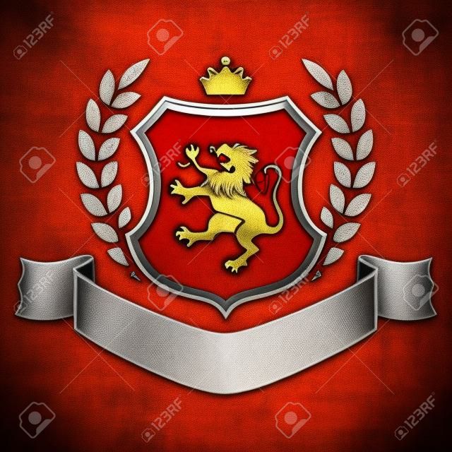 Brasão de armas - escudo com leão, loureiro, coroa no topo e fita. Baseado e inspirado pela antiga heráldica.