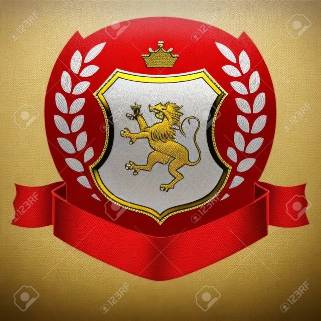 Brasão de armas - escudo com leão, loureiro, coroa no topo e fita. Baseado e inspirado pela antiga heráldica.