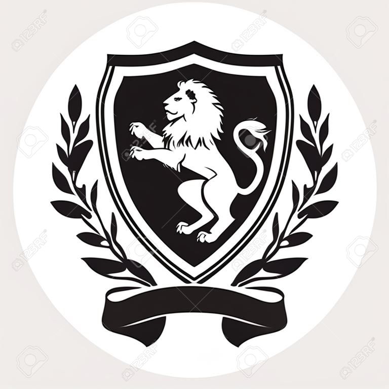 Coat of arms - shield with lion, laurel wreath and ribbon. Based on and inspired by old heraldry.