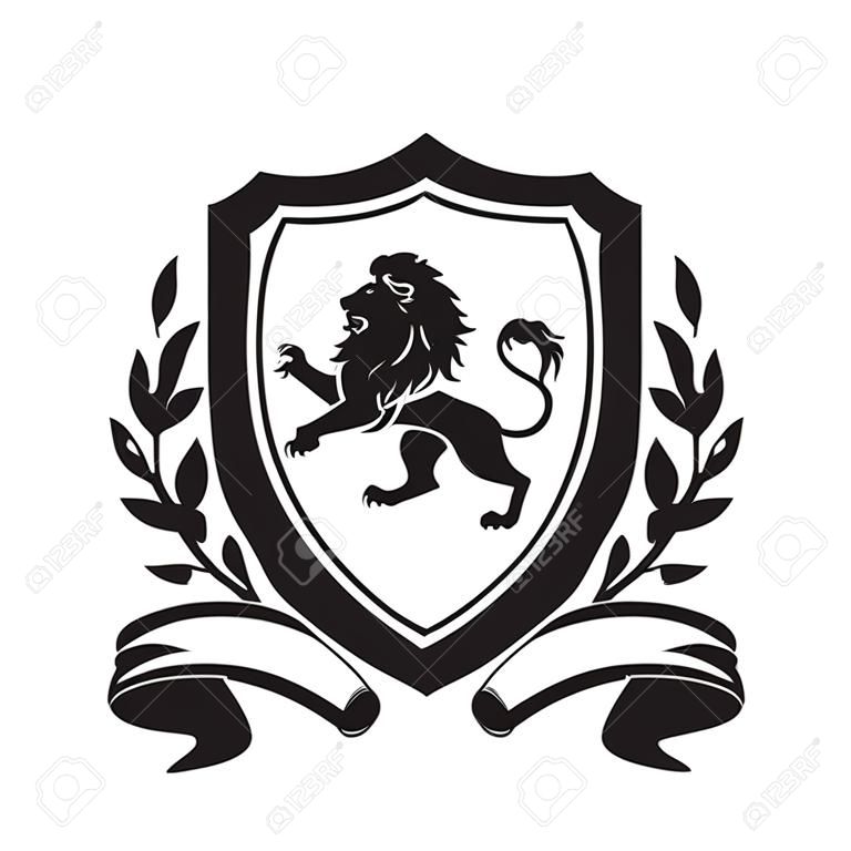 Blason d'armes - bouclier avec lion, couronne de laurier et ruban. Basé sur et inspiré par l'ancien héraldique.
