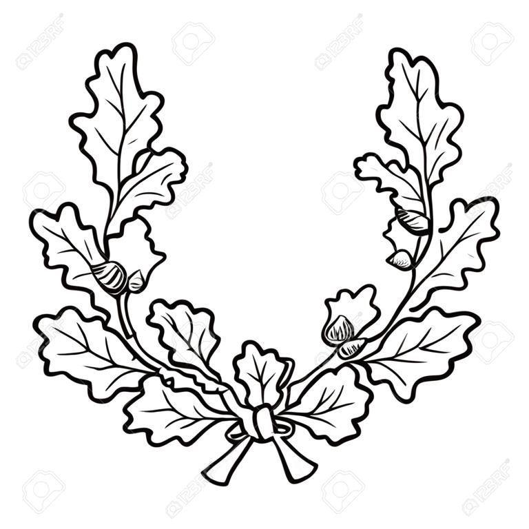Artistic hand drawn illustration of oak wreath, ink drawing imitation