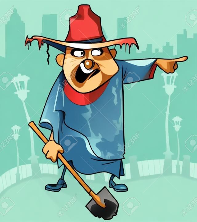 cartoon man in dirty ragged clothes with a shovel pointing in the direction
