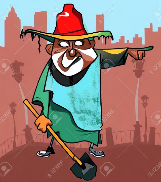 Cartoon-Mann in schmutzigen Lumpen mit einer Schaufel zeigt in die Richtung