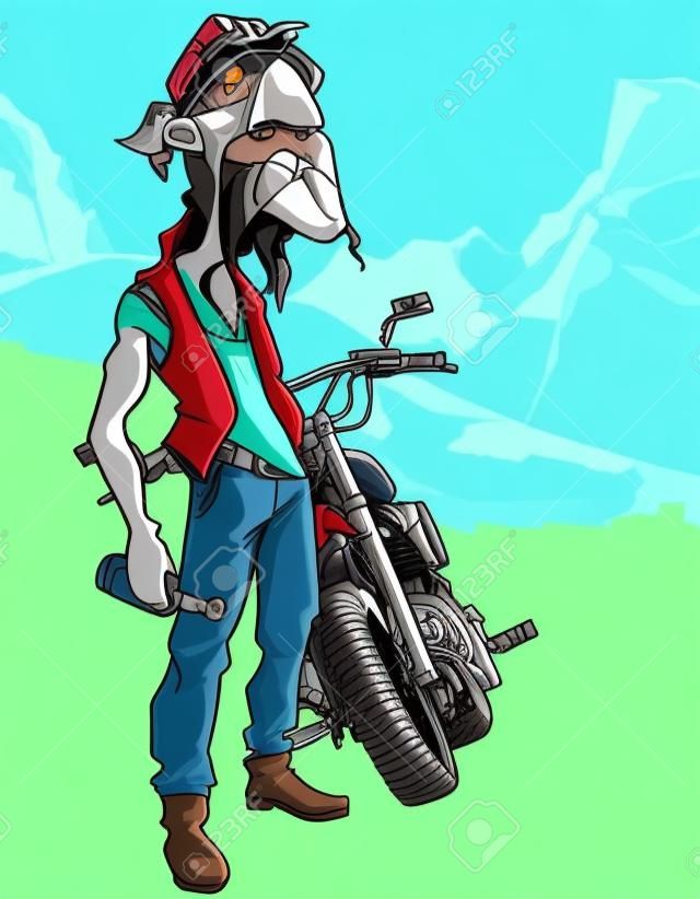 Ciclista masculino de dibujos animados con una botella al lado de una motocicleta
