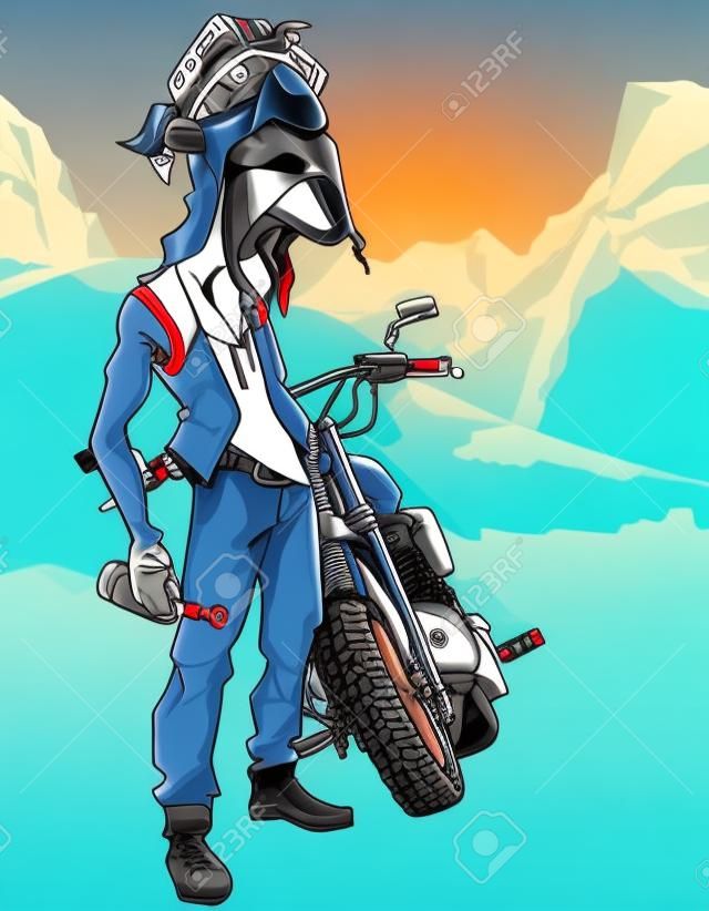 Ciclista masculino de dibujos animados con una botella al lado de una motocicleta