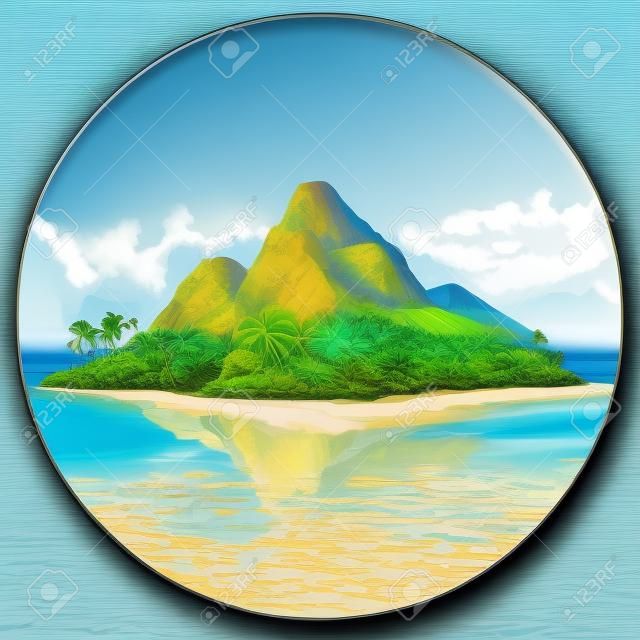 青い海に山やヤシの木で美しい熱帯の島を描きました。