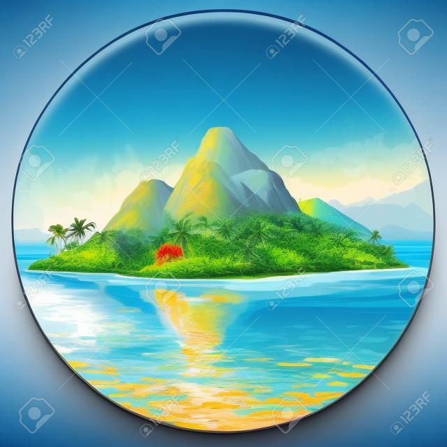 Bella isola tropicale dipinta con le montagne e le palme nel mare blu.