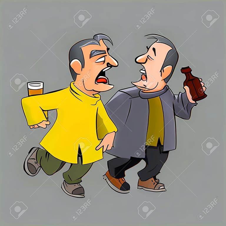 Cartoon two drunk men friends walking and singing, isolated.