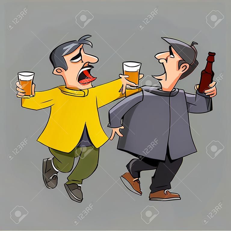 Karikatur zwei betrunkene Männerfreunde, die gehen und singen, isoliert.