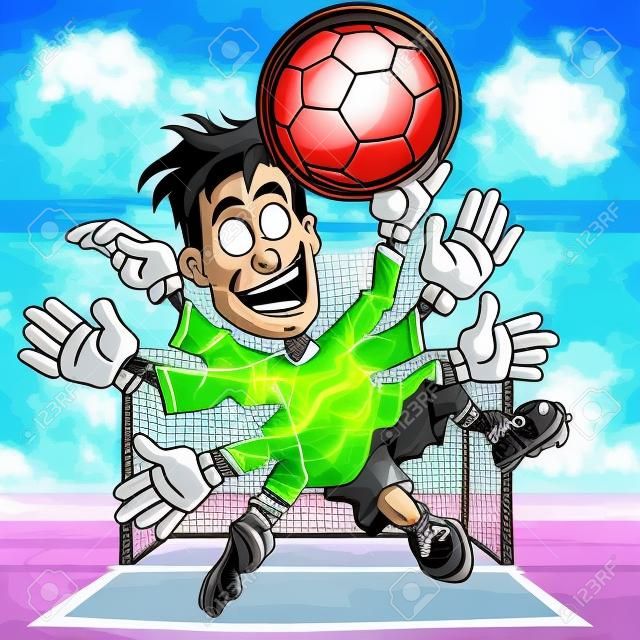 cartoon funny goalkeeper catches the ball with numerous hands
