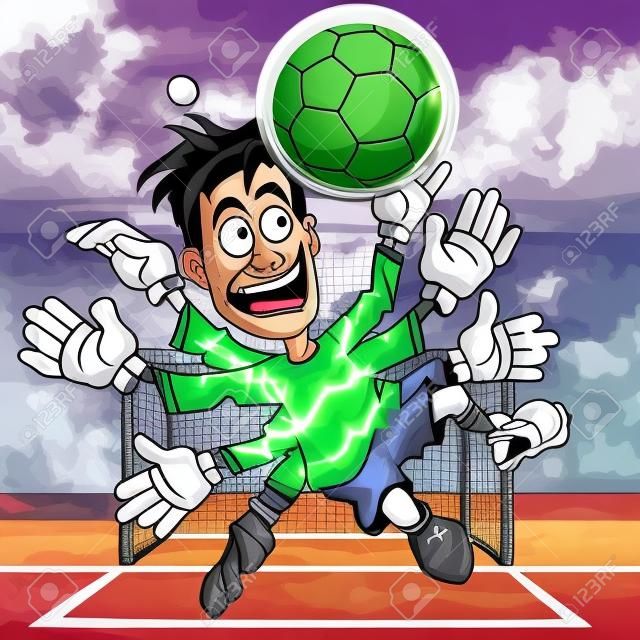 cartoon funny goalkeeper catches the ball with numerous hands