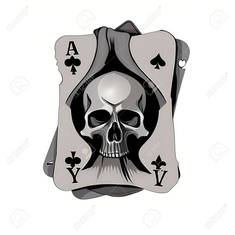 Tarjeta de Poker vieja as de espadas con el cráneo aislado en fondo blanco