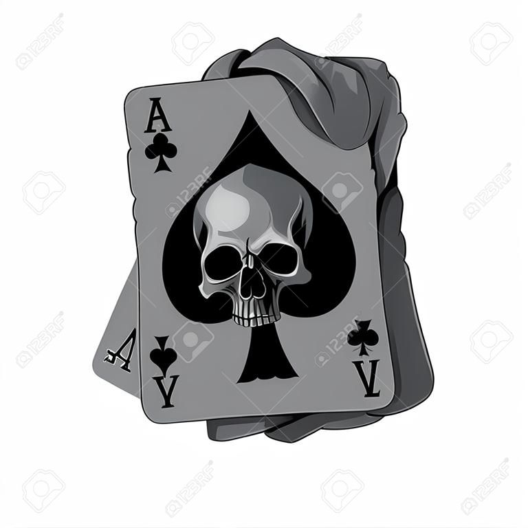 Poker Karten alt Pik-As mit Totenkopf auf weißem Hintergrund