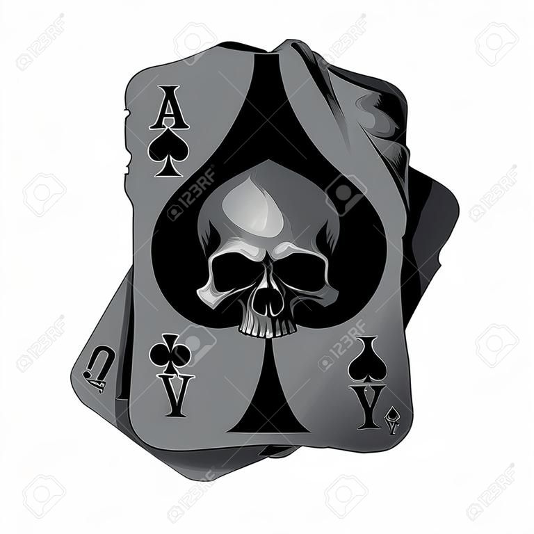 扑克王牌老黑桃头骨与白色背景隔离