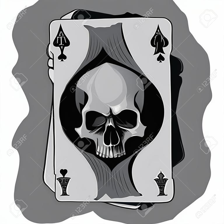 kafatası ile maça poker kartı eski ace beyaz arka plan üzerinde izole