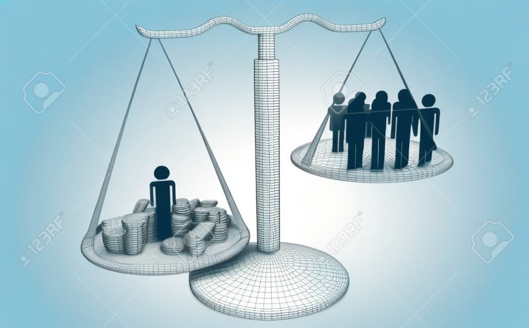 una escala con una persona y dinero y muchas personas en el otro lado 3d-illustration