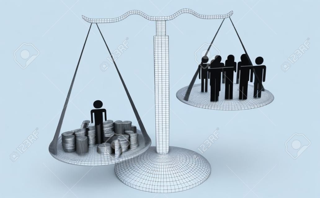 a scale with one person and money and many people on the other side 3d-illustration