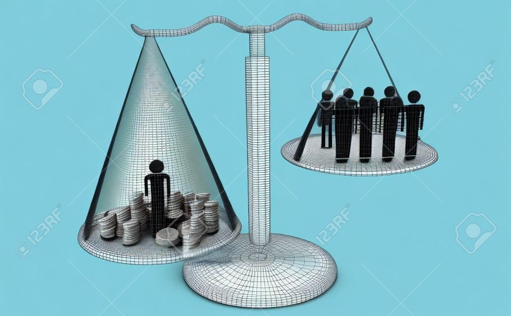 a scale with one person and money and many people on the other side 3d-illustration