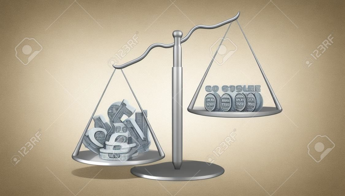 una balanza con dinero y personas en el otro lado ilustración 3d