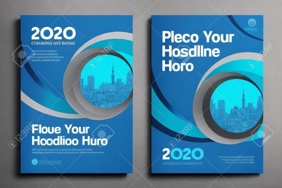 藍色配色方案與城市背景商業圖書封面設計模板在A4。容易適應小冊子，年報，雜誌，海報，公司介紹，產品組合，傳單，橫幅，網站。
