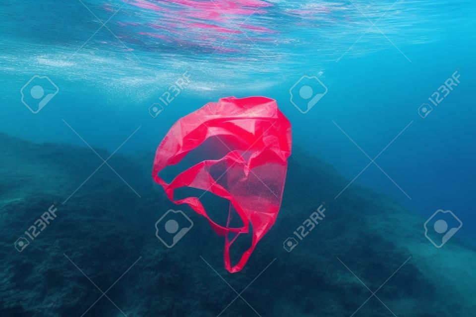 Unterwasserverschmutzung: - Eine weggeworfene Plastiktüte, die in einem tropischen Ozean mit blauem Wasser treibt