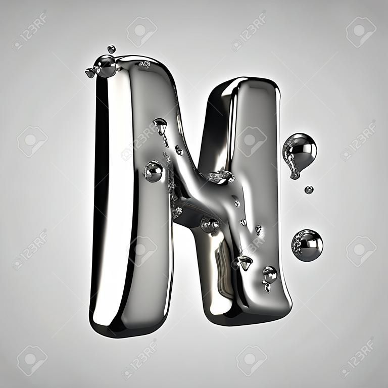 3D mercury letter M uppercase. 3D rendering liquid metal font with drops isolated on light background.