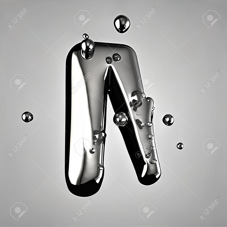 3D mercury letter M uppercase. 3D rendering liquid metal font with drops isolated on light background.