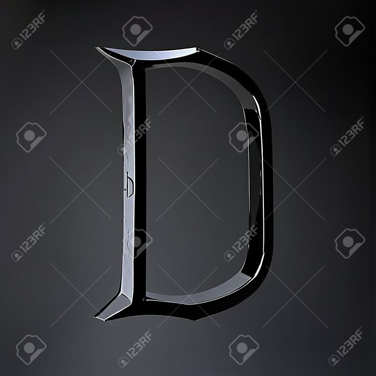 Letra D mayúscula de hierro cincelado. Fuente de título cinematográfico de render 3D aislada sobre fondo negro.
