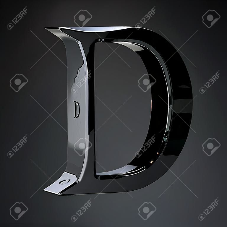 Chiseled iron letter D uppercase. 3d render cinematic title font isolated on black background.