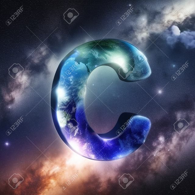 Earth uppercase letter C isolated in space with stars and the Milky Way. 3D rendered alphabet with detailed clouds, oceans and mainlands. Font for Ecology banner, poster, design template element.