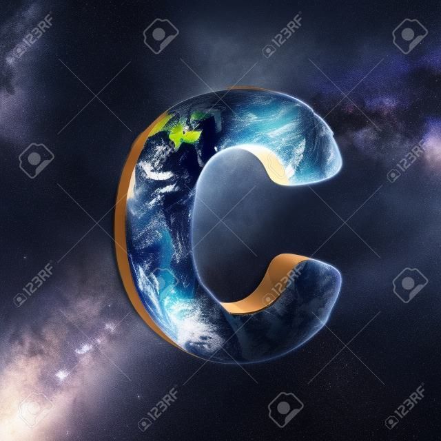 Earth uppercase letter C isolated in space with stars and the Milky Way. 3D rendered alphabet with detailed clouds, oceans and mainlands. Font for Ecology banner, poster, design template element.
