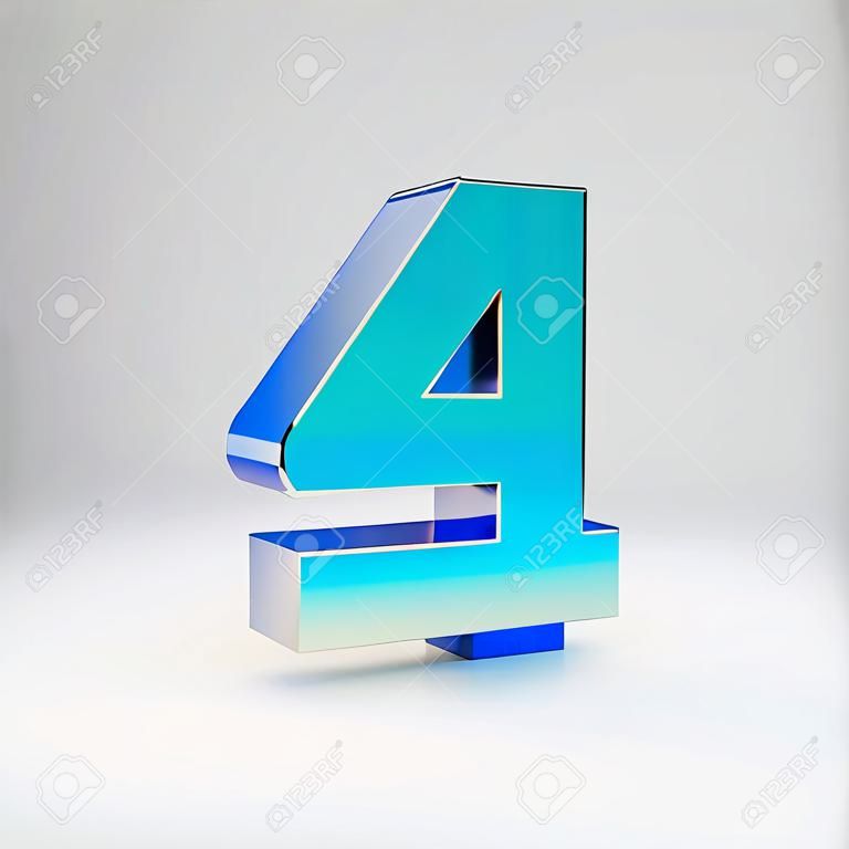 3d number 4. Sky blue metal font with glossy reflections isolated on white background.