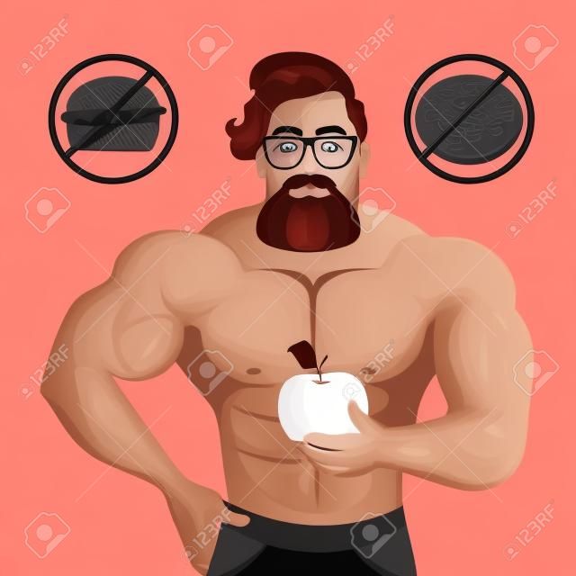 Fitness concept met sport bodybuilder Bearded Hipster met glazen en rood haar. Muscular Fitness modellen. Nuttige en schadelijke voeding. illustratie geïsoleerd op witte achtergrond
