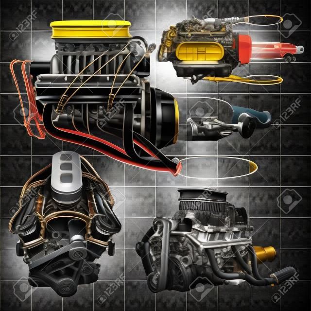 Una serie di diversi tipi di potenti motori per auto. Il motore è disegnato con linee nere su un foglio bianco in una gabbia.