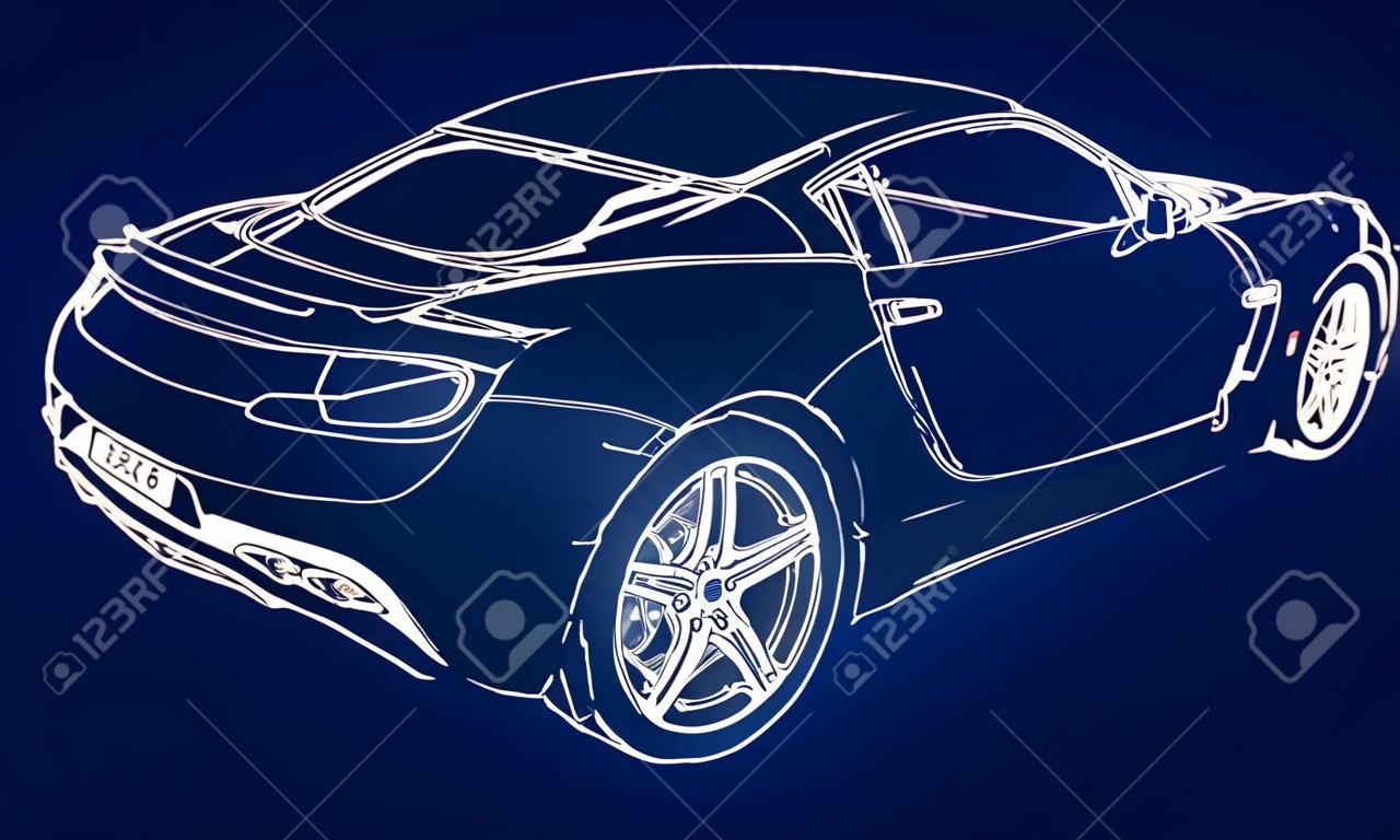 Skizze eines modernen Sportwagens auf blauem Hintergrund mit Farbverlauf
