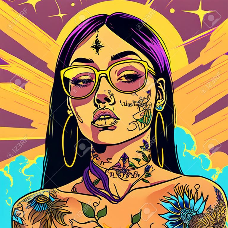 A woman with tattoos and piercings is shown in a colorful painting. The painting has a bright and cheerful mood, with the woman's face and body being the main focus. The use of bright colors