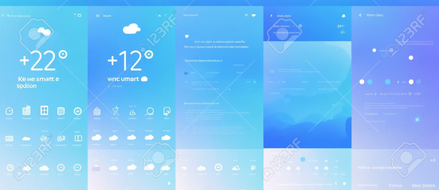 ui-Kit geeignet für Wetter-App oder -Software, trendiges Design mit Farbverläufen, Flat- und Line-Art, sehr wenige Bildschirme, um Ihre Anwendung intelligent und einfach zu bedienen