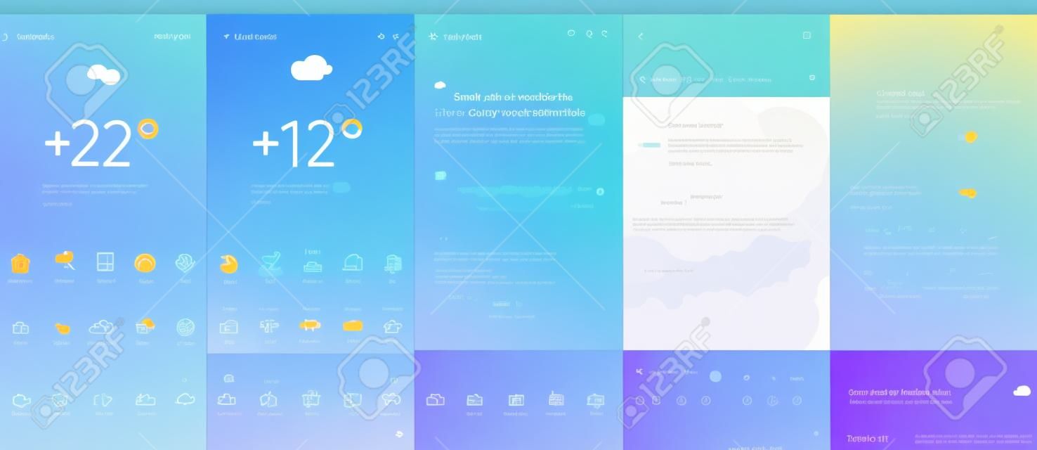 ui-Kit geeignet für Wetter-App oder -Software, trendiges Design mit Farbverläufen, Flat- und Line-Art, sehr wenige Bildschirme, um Ihre Anwendung intelligent und einfach zu bedienen