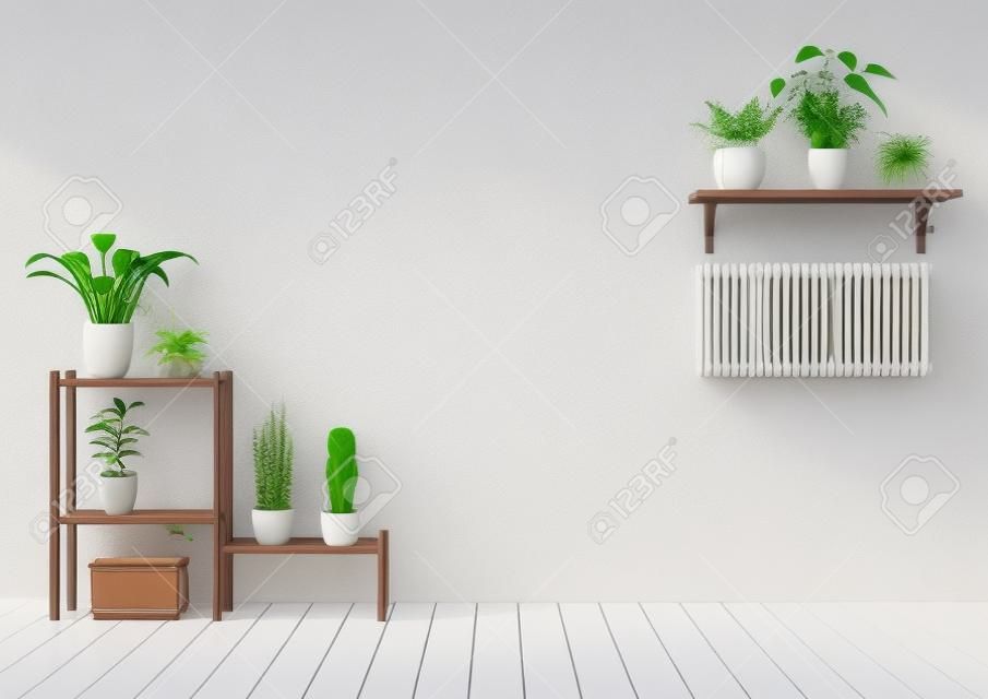 斯堪的纳维亚风格的白色室内装饰，木制棚架上的绿色植物