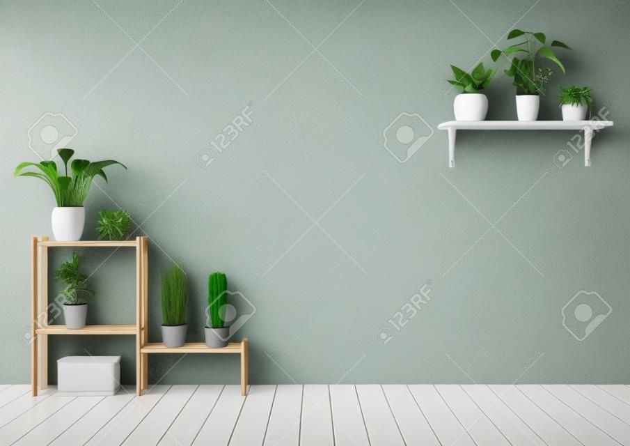 斯堪的纳维亚风格的白色室内装饰，木制棚架上的绿色植物