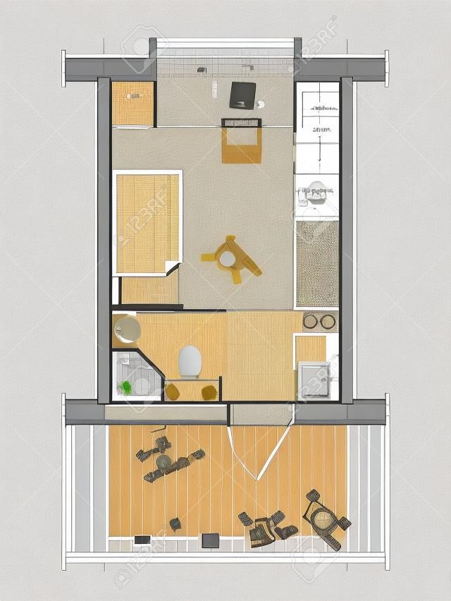 technical architect drawing of a plan of a student room of 9 square meters with details of interior arrangement