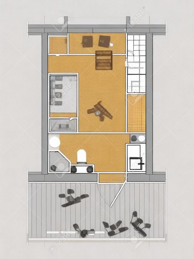 technical architect drawing of a plan of a student room of 9 square meters with details of interior arrangement