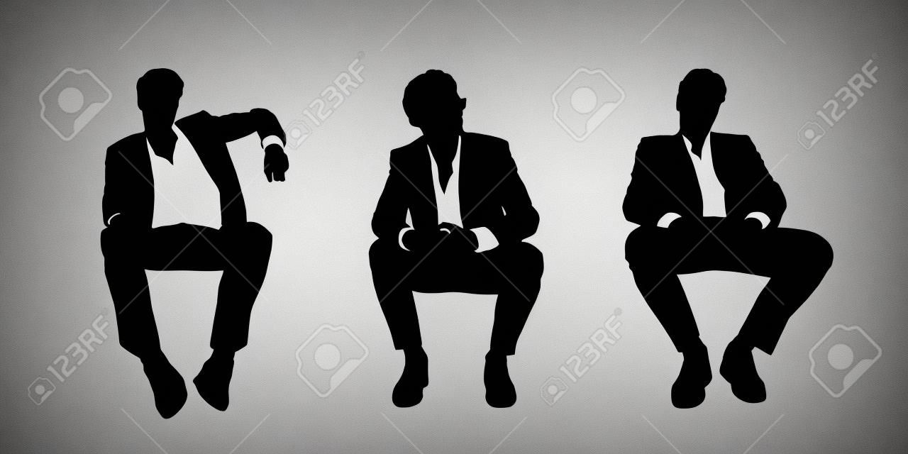 다른 자세에서 라운지 의자에 앉아 잘 생긴 젊은 사업가의 검은 색과 흰색 실루엣